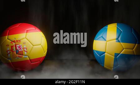 Two soccer balls in flags colors on a black abstract background. Spain and Sweden. 3d image Stock Photo