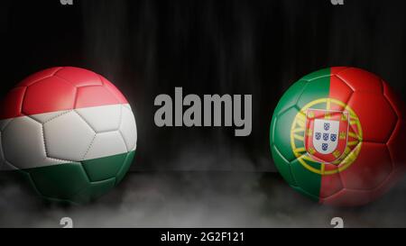 Two soccer balls in flags colors on a black abstract background. Hungary and Portugal. 3d image Stock Photo