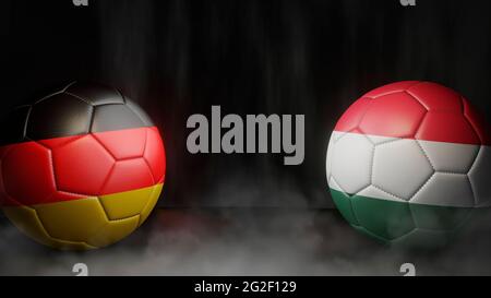 Two soccer balls in flags colors on a black abstract background. Germany and Hungary. 3d image Stock Photo
