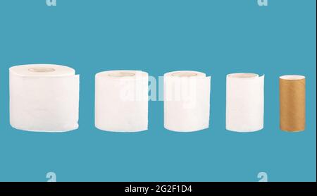 Collage of toilet paper reduction from whole roll to cardboard insert. Toilet paper isolated on a blue background. Copy space. Stock Photo