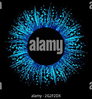 Colorful abstract acrylic splashes in rounded shape with free space for text on black background. Gradient frame in blue colors.  Free flowing cells. Stock Photo