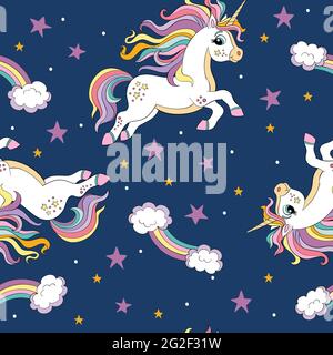 Seamless pattern with cute unicorns with long mane and stars on blue background. Vector illustration for party, print, baby shower, wallpaper, design, Stock Vector