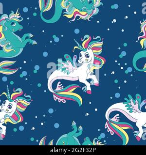 Seamless pattern with beauty sea unicorns and bubbles on blue background. Vector illustration for party, print, baby shower, wallpaper, design, decor, Stock Vector