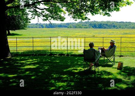senior couple sitting on chairs in the english countryside, norfolk, england Stock Photo