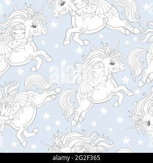 Seamless pattern with sleeping girl riding a cute unicorn flying in the sky with stars on blue background. Vector illustration for party, print, baby Stock Vector