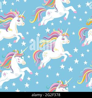 Seamless pattern with cute unicorns and stars on blue background. Vector illustration for party, print, baby shower, wallpaper, design, decor, goods, Stock Vector