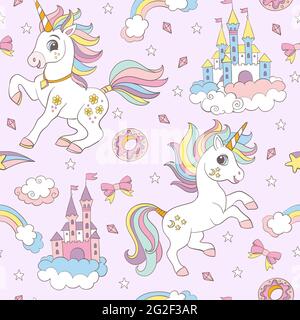 Seamless pattern with cute unicorns, castles, sweets and rainbows on pink background. Vector illustration for party, print, baby shower, wallpaper, de Stock Vector