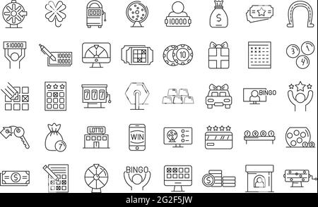 Lottery icons set, outline style Stock Vector
