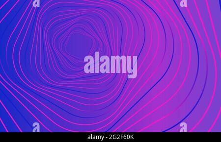 Abstract geometric banner. Swirling purple lines on gradient pink background. Whirl square, wave stripes, rotation movement, neon image. Futuristic tw Stock Vector