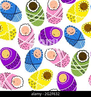 Seamless vector cute scandinavian childrens doodle pattern. Set of Baby in a blanket with ornament isolated on white background. Kawaii Smiling charac Stock Vector