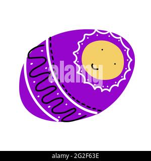 Vector cute childrens scandinavian doodle. Baby in purple blanket with black-white ornament. Isolated on white background. Kawaii Smiling character wr Stock Vector