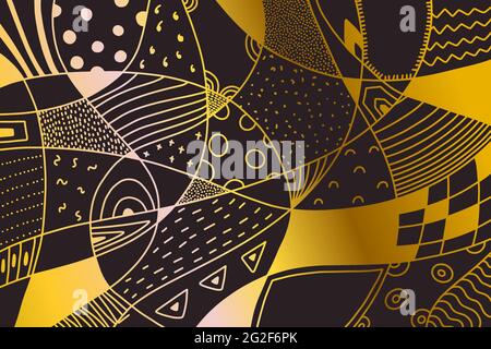 Abstract ornamental doodle banner. Golden stains, dots, lines, cells on a gray background. Geometric abstract shapes in patchwork. Hand-drawn Striped Stock Vector