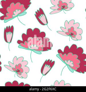 Seamless vector floral pattern. Hand-drawn pink plants isolated on white background. Doodle illustration for wallpaper, cards, wrapping paper, Women's Stock Vector