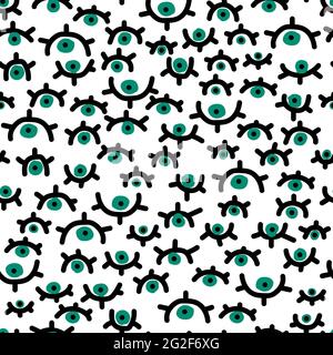Seamless pattern with hand-drawn blue eyes with eyelashes. Pop art modern background. Vector illustration for cards, posters, wrapping paper, wallpape Stock Vector