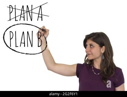 Young cute girl write by a marker isolated on white background chooses plan b. Concept of ability to adapt Stock Photo