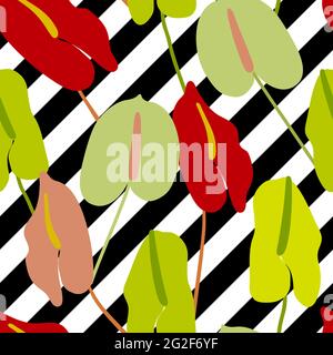 Seamless floral vector pattern. Green, red flowers on striped black, white background. Diagonal Lines, flowers, plants stock illustration for wrapping Stock Vector
