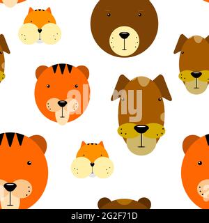 Seamless animalistic pattern. Kawaii animals bear, dog, tiger, hamster. Funny vector illustration on a white background in cartoon style. Cute animal Stock Vector
