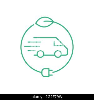 Green electric delivery van. Transportation vehicle inside circle with leaf and an electric plug. Environmental friendly mode of transport. Vector Stock Vector
