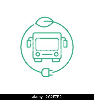 Electric bus in a circle with a leaf and a plug. Hybrid vehicle charging station sign. Green energy zero emission concept. Eco friendly city transport Stock Vector