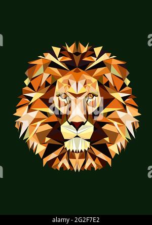 Polygonal lion head in front. Golden wild animal face on green background. Mosaic mascot of triangles. Low poly character portrait for print, sticker, Stock Vector