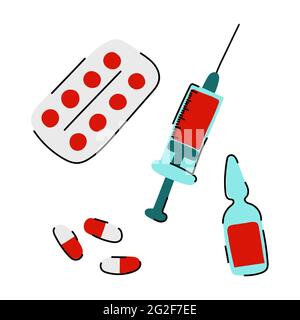Cartoon Medical Vaccination Set. Hand drawn syringe, ampoule, tablets, pills isolated on white background. Cute vaccine, drug therapy, treatment, anti Stock Vector