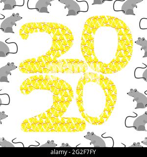 Seamless pattern 2020 new year. Figures of the coming two thousand and twentieth year of cheese surrounded by rats symbol of the year, isolated on whi Stock Vector