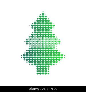 Christmas tree halftone pattern. Pine tree made of little hearts. Love holiday season concept. Graphic design element. Green gradient. Vector Stock Vector