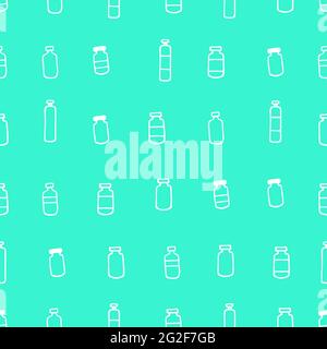 Seamless pharmaceutical pattern. Outline white medicine bottles isolated on blue background. Packages with Medicines, vaccines, vitamins, antibiotics, Stock Vector