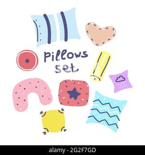 Scandinavian style pillows set. Pillows in different shapes with line ornament. Cute home decoration collection. Vector symbol of a cozy home, overnig Stock Vector