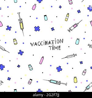 Vaccination Time. Seamless medical doodle pattern. Influenza, illness, disease prevention, health care. Vector illustration with pharmaceutical hand-d Stock Vector