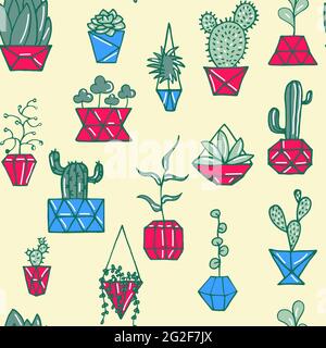 Doodle plant in faceted pot seamless pattern. Hand drawn leaves, succulents and cactus with poly red, blue flower pot. Cartoon home plants on light ba Stock Vector