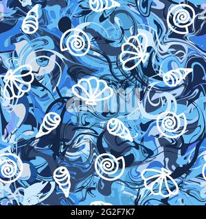 Seamless marble texture pattern with shells. Blue strokes of paint waves, white seashell. Fluid texture. Spots, splashes, water, ocean, sea, line, sum Stock Vector