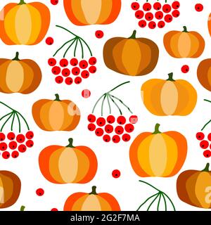 Autumn seamless pumpkin pattern. Pumpkins, cranberries, rowan isolated on white background. Seasonal vector illustration for wallpaper, wrapping paper Stock Vector