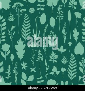 Seamless vector pattern with herbarium leaves and flowers in a simple style. Stock Vector