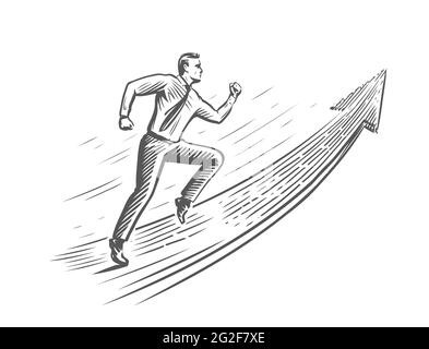 Businessman runs towards the target up the arrow. Business success concept. Vector sketch illustration Stock Vector