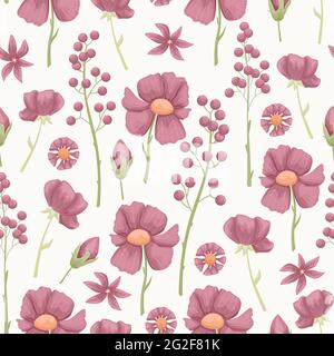 The floral seamless pattern with leaves and flowers. Vector botanical background. Herbarium Stock Vector
