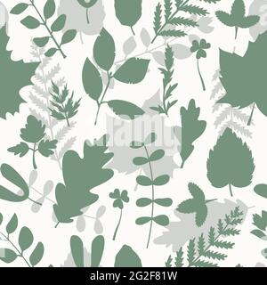 Seamless vector pattern with herbarium leaves and flowers in a simple style. Stock Vector
