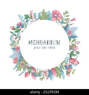 Botanical template with dried flowers and leaves. Place for text. Stock Vector