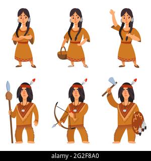 Set of native americans in different poses. Male and female characters in cartoon style. Stock Vector