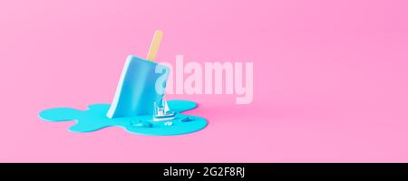 The blue ice cream on the stick is melting and ship and sharks are floating on it. Creative minimal summer concept on pastel pink background 3d render Stock Photo