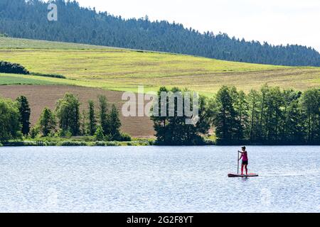 Blaibach, Germany. 11th June, 2021. A woman is out on the Blaibach lake with a SUP board. Credit: Armin Weigel/dpa/Alamy Live News Stock Photo