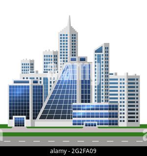 Modern city concept. Urban landscape with business and shop buildings, skyscrapers. Technology, digital or smart cityscape. Flat design. Vector illust Stock Vector