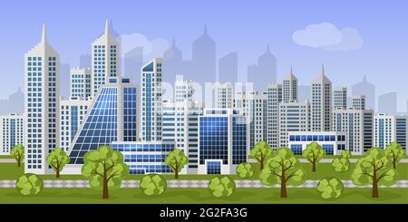 Urban landscape background. Modern eco city street with business office buildings, houses and skyscrapers. Spring trees and bushes, cityscape  for car Stock Vector