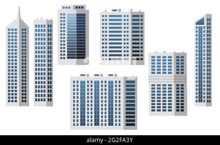 Set of city buildings isolated to create modern urban cityscape, for infographic design, flat style. Business office, houses, shopping center with gla Stock Vector
