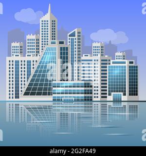 Urban landscape background. Modern city center on the riverside. Business office buildings, houses. Cityscape skyline concept. Flat style, vector Stock Vector
