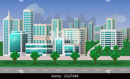 Urban landscape- modern city with skyscrapers, business center, office buildings, summer park, avenue. panoramic Background for eco or smart city Stock Vector