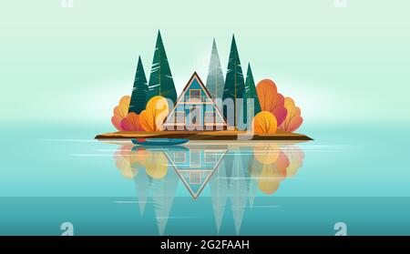 Wooden A-frame house on a small island Stock Vector