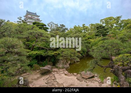 Fukuyama Castle Museum. also called Hisamatsu Castle, viewed from traditional Japanese Garden below. Typical Japanese architecture of old. Hiroshima p Stock Photo