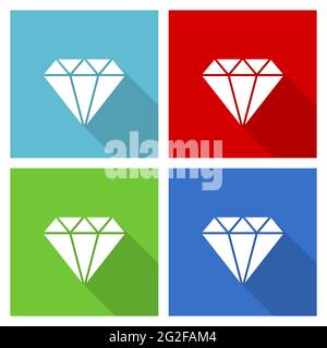 Diamond jewel, brilliant, treasure icon set, flat design vector illustration in eps 10 for webdesign and mobile applications in four color options Stock Vector
