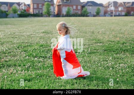 Little girl toddler wrapped in large Canadian flag walking in park meadow outdoor. Canada Day celebration outside. Kid covered with Canadian flag cele Stock Photo
